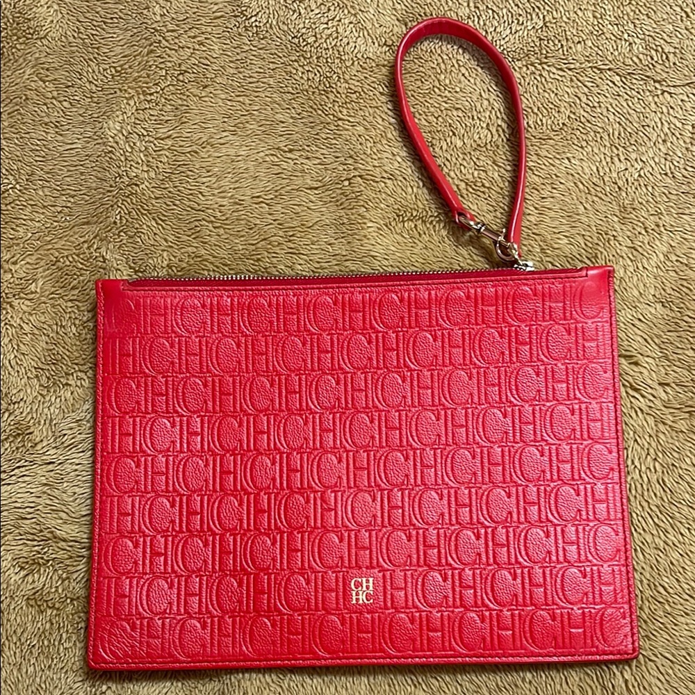 Carolina Herrera Red Geometric Embossed Wristlet